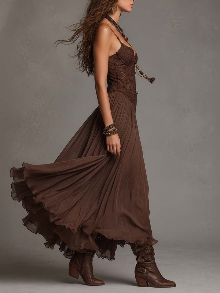 Federica | Abito Maxi in Chiffon e Pizzo Marrone