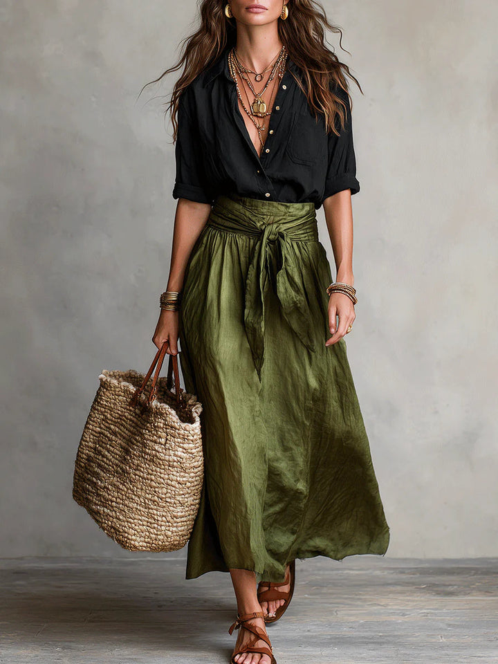 Elisa | Completo Due Pezzi: Maglietta Nera e Gonna Midi Verde Oliva
