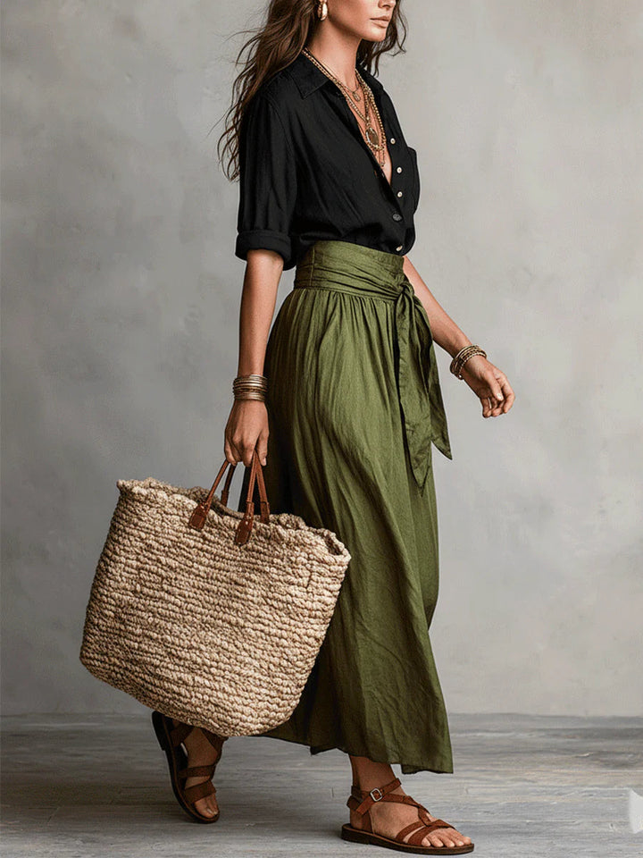 Elisa | Completo Due Pezzi: Maglietta Nera e Gonna Midi Verde Oliva