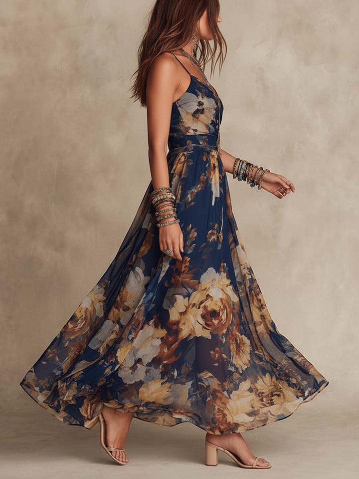 Nicoletta | Abito Lungo in Chiffon Blu Navy con Stampa Floreale e Spalline Sottili